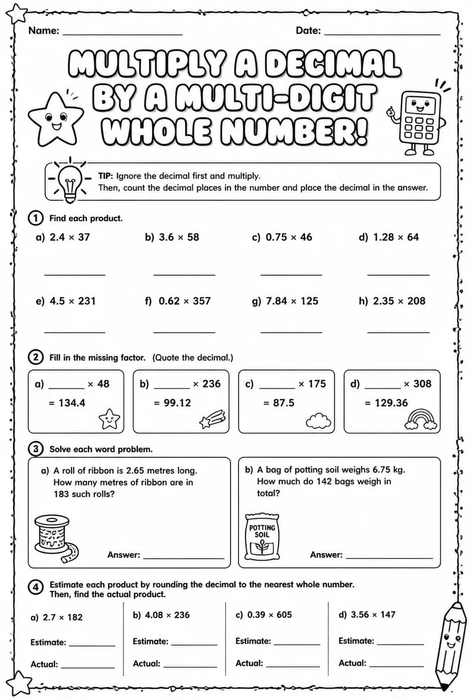 Multiply a decimal by a multi-digit whole number — free printable Grade 5 math worksheet