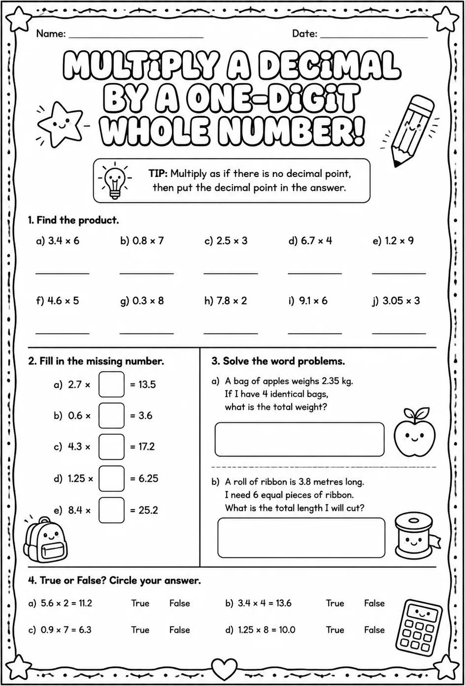 Multiply a decimal by a one-digit whole number — free printable Grade 5 math worksheet