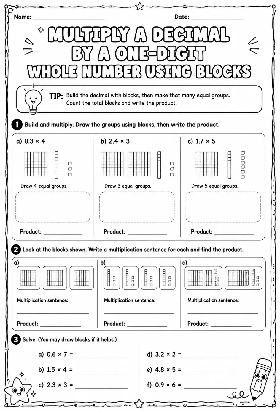 Multiply a decimal by a one-digit whole number using blocks — free printable Grade 5 math worksheet