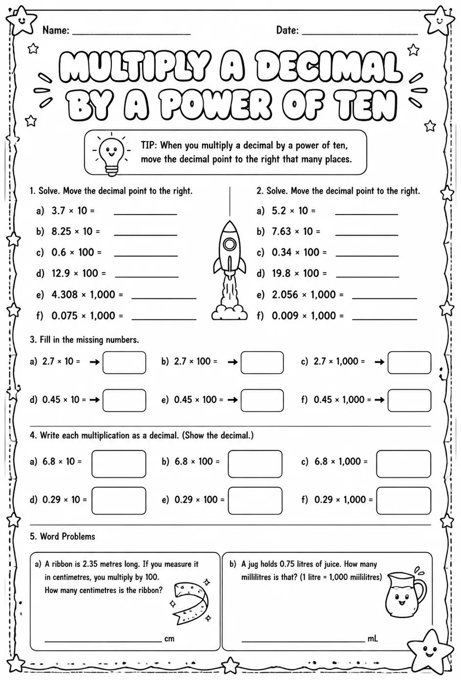 Multiply a decimal by a power of ten — free printable Grade 5 math worksheet