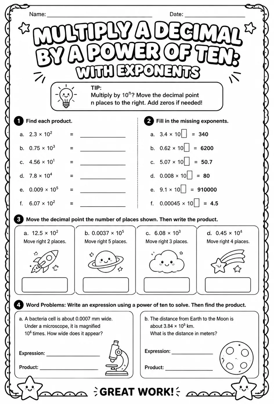 Multiply a decimal by a power of ten: with exponents — free printable Grade 5 math worksheet