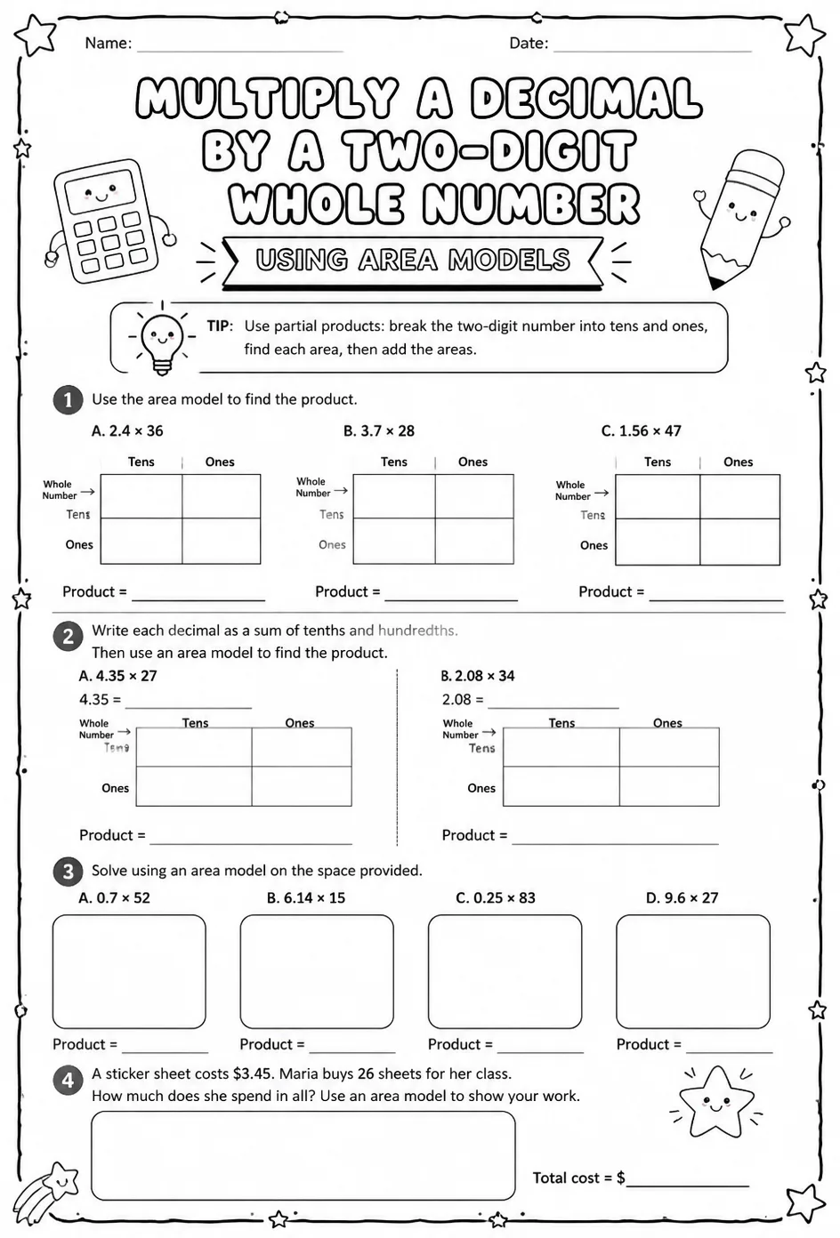 Multiply a decimal by a two-digit whole number using area models — free printable Grade 5 math worksheet