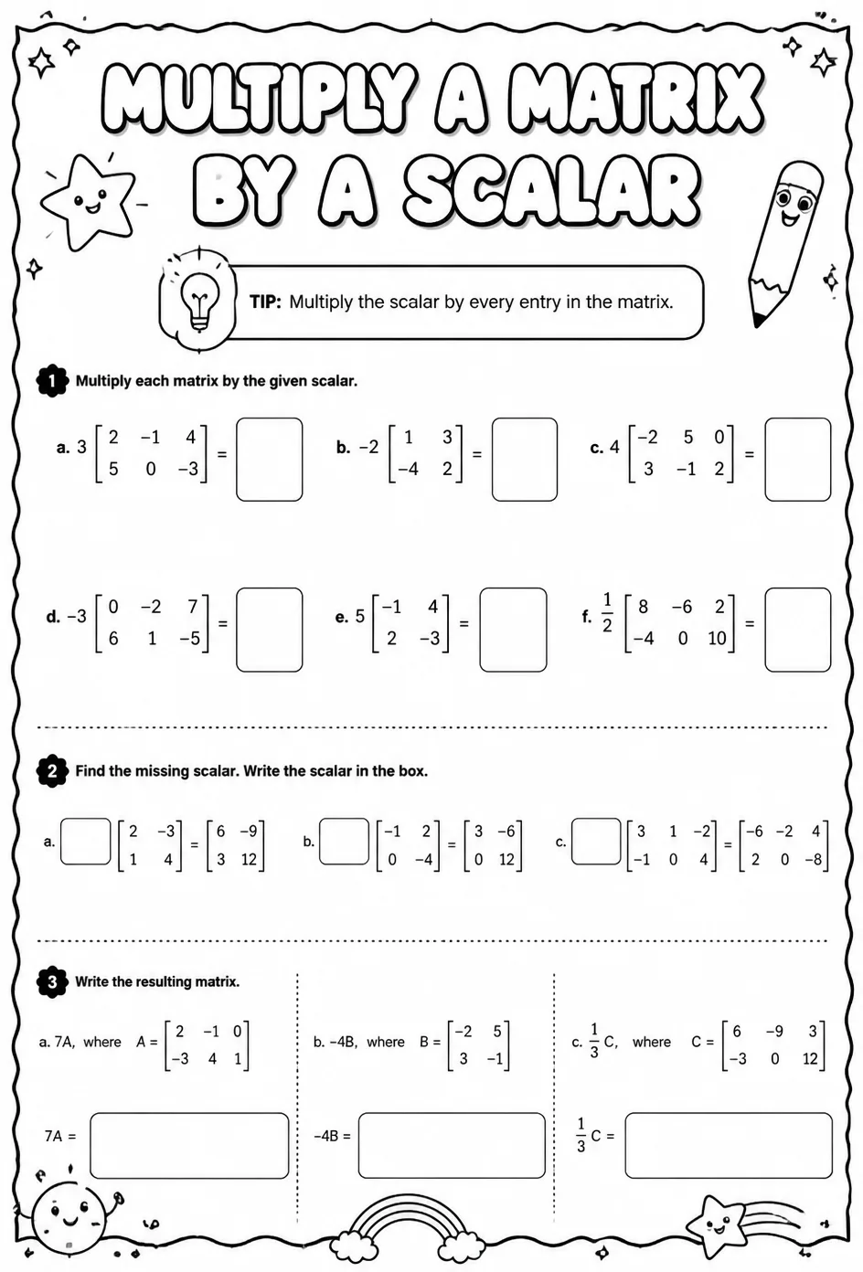 Multiply a matrix by a scalar — free printable Algebra 2 math worksheet
