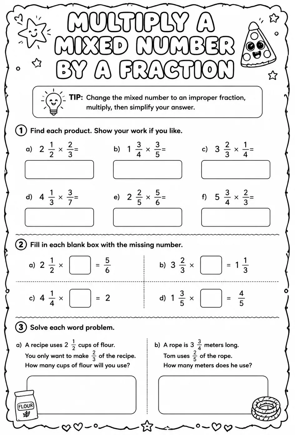 Multiply a mixed number by a fraction — free printable Grade 5 math worksheet