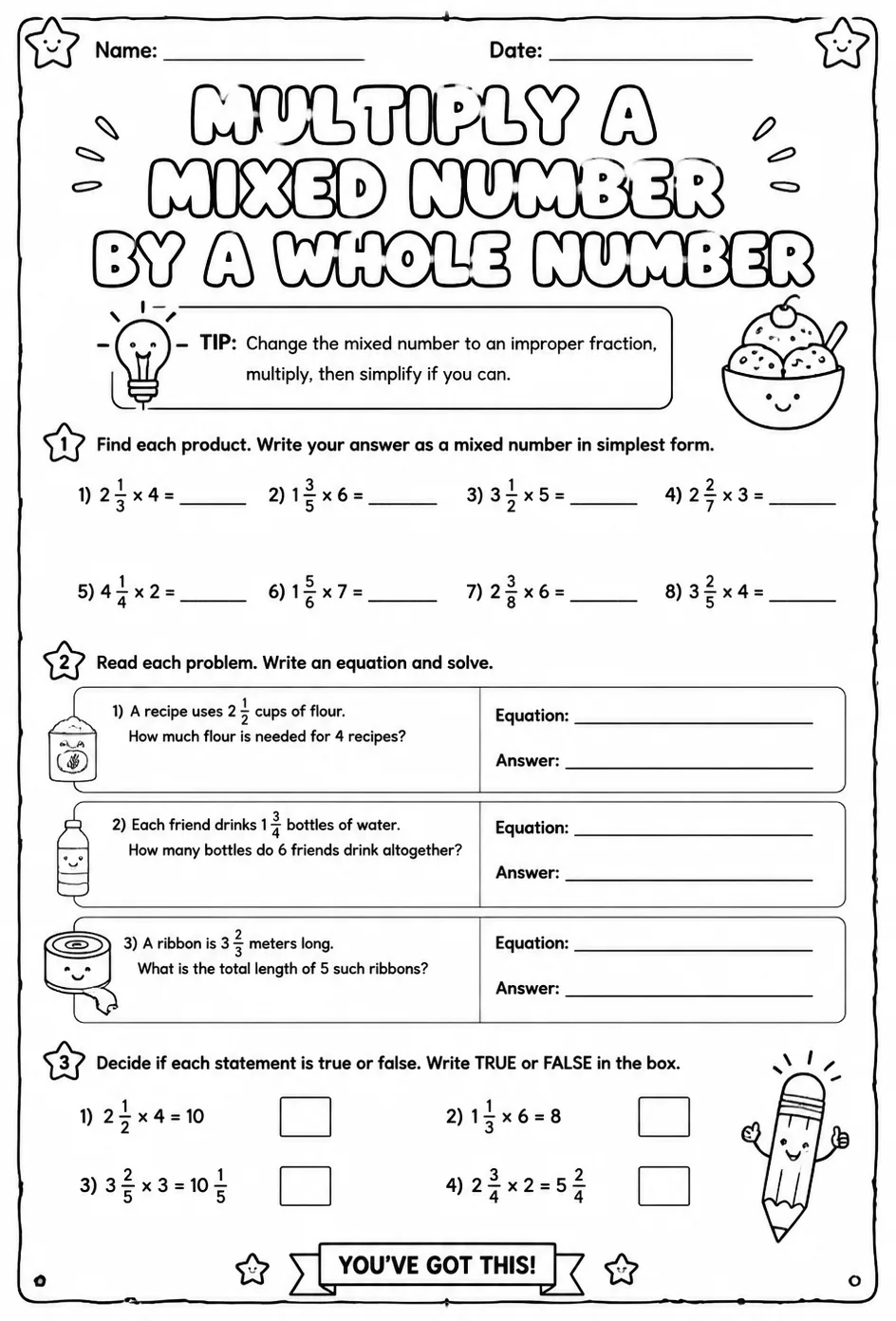 Multiply a mixed number by a whole number — free printable Grade 5 math worksheet
