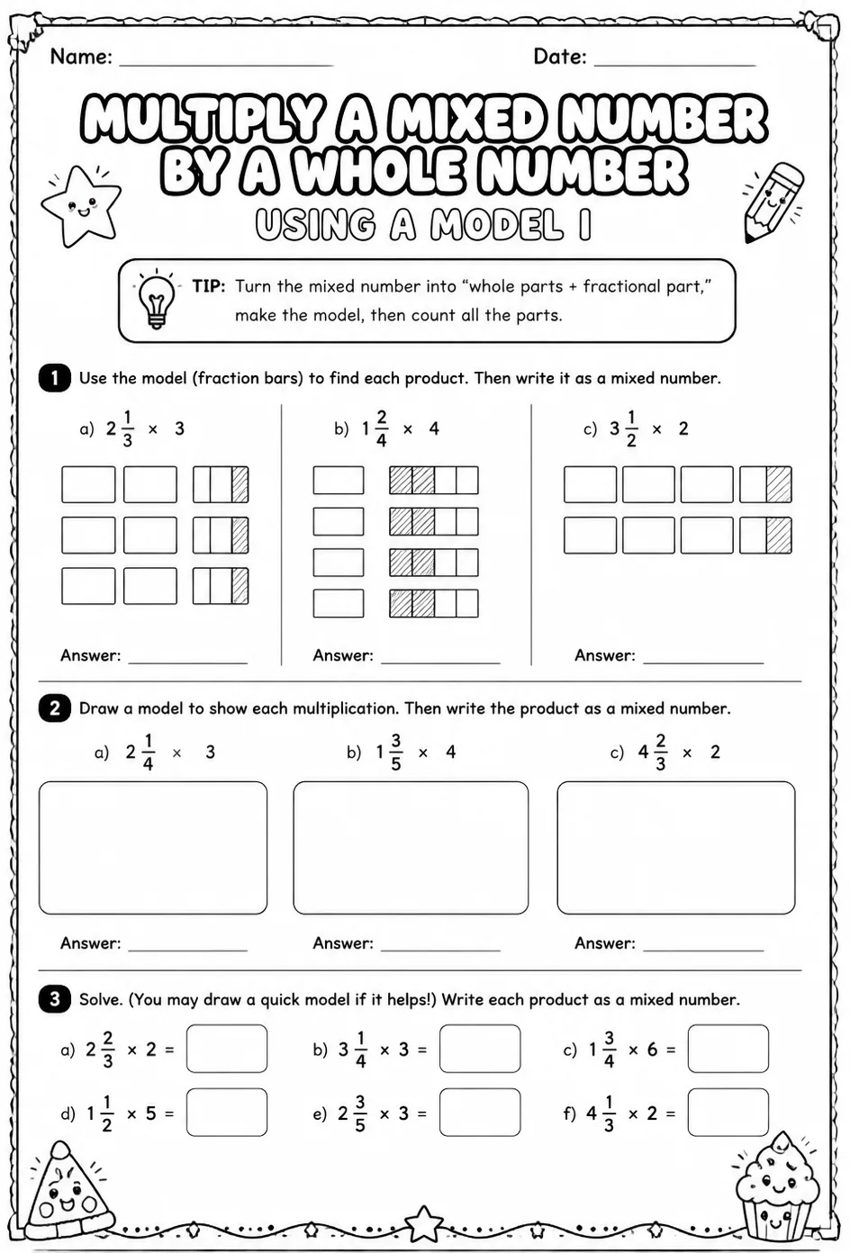 Multiply a mixed number by a whole number using a model I — free printable Grade 5 math worksheet