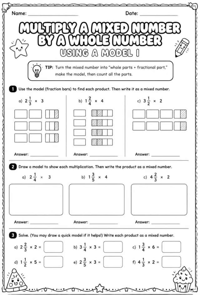 Multiply a mixed number by a whole number using a model I