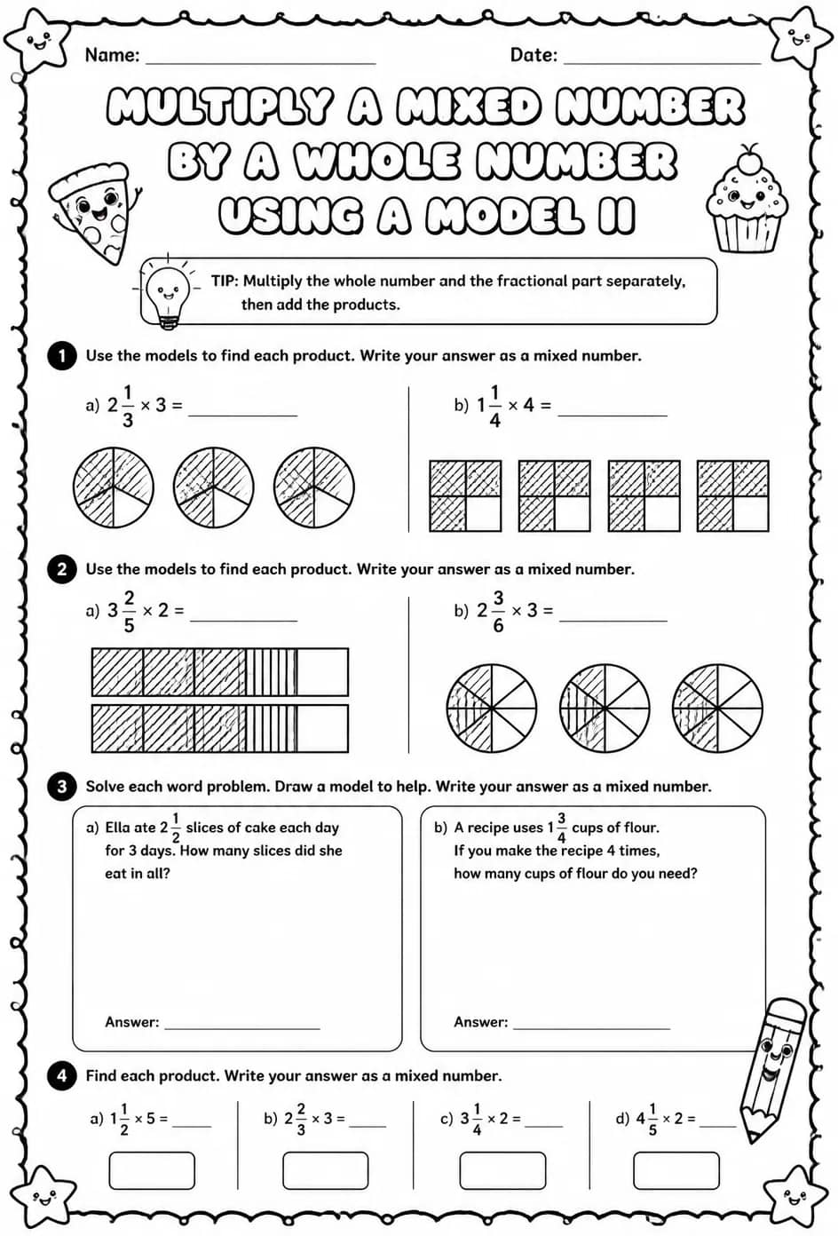 Multiply a mixed number by a whole number using a model II — free printable Grade 5 math worksheet