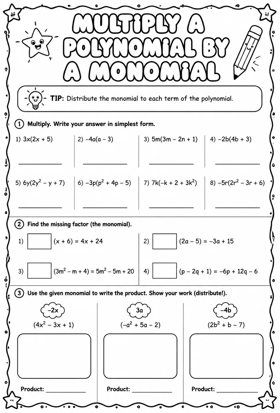 Multiply a polynomial by a monomial — free printable Algebra 1 math worksheet