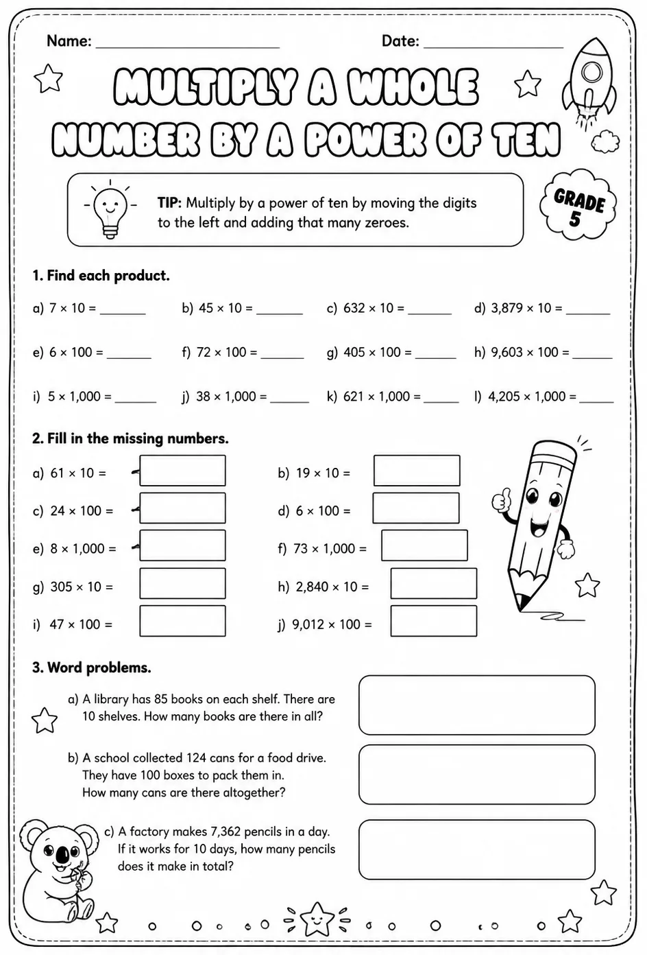 Multiply a whole number by a power of ten — free printable Grade 5 math worksheet