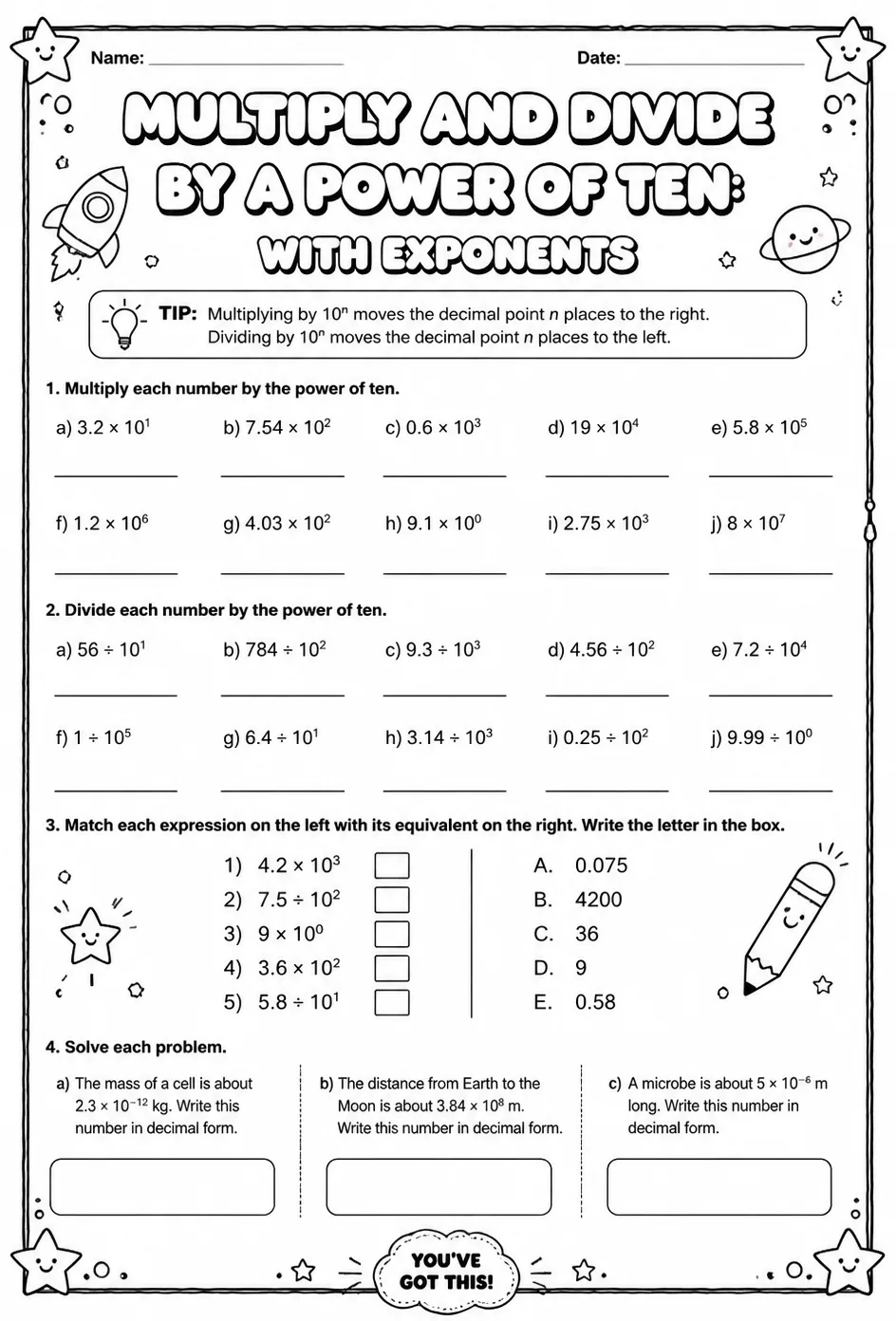 Multiply and divide by a power of ten: with exponents — free printable Grade 5 math worksheet