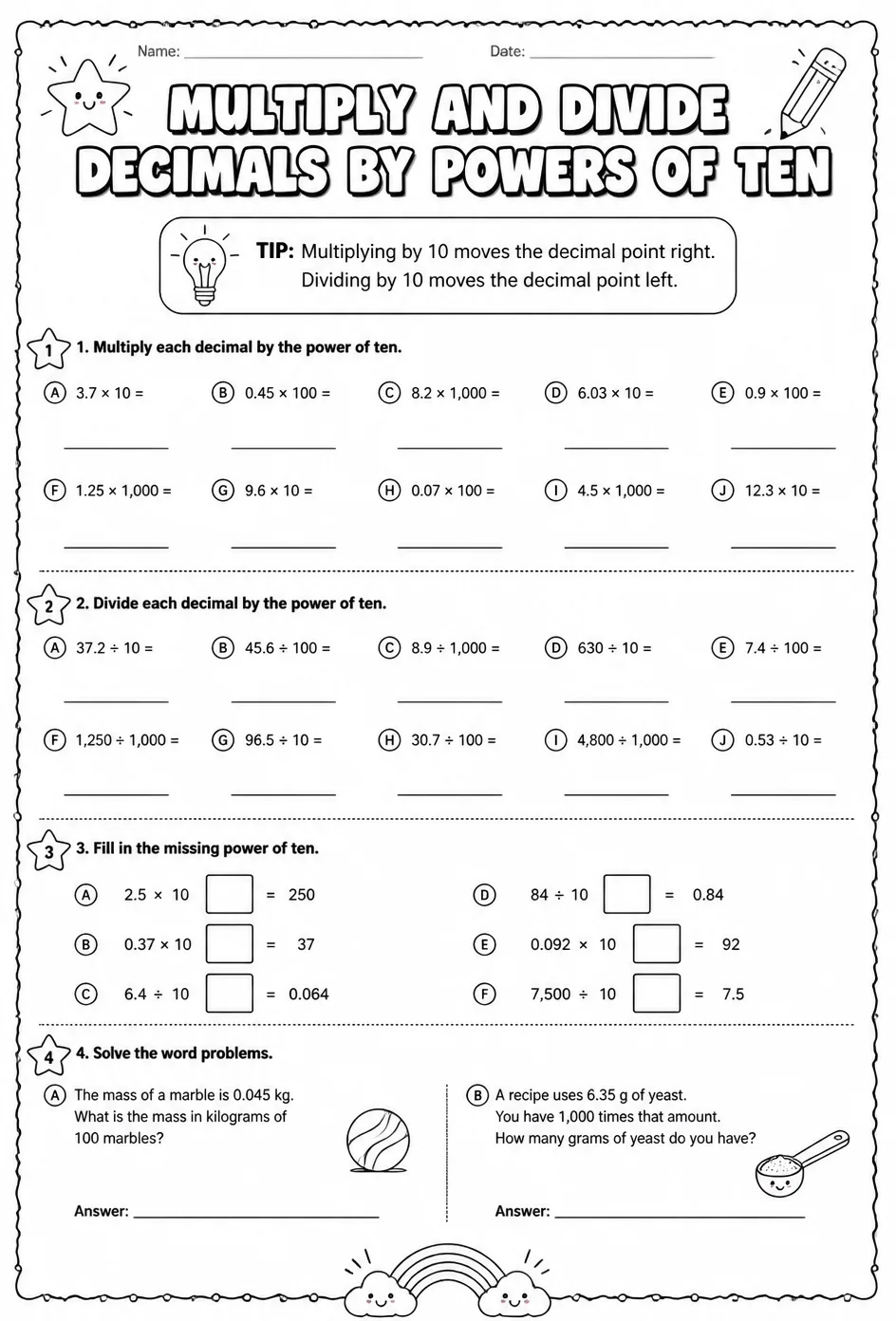 Multiply and divide decimals by powers of ten — free printable Grade 6 math worksheet
