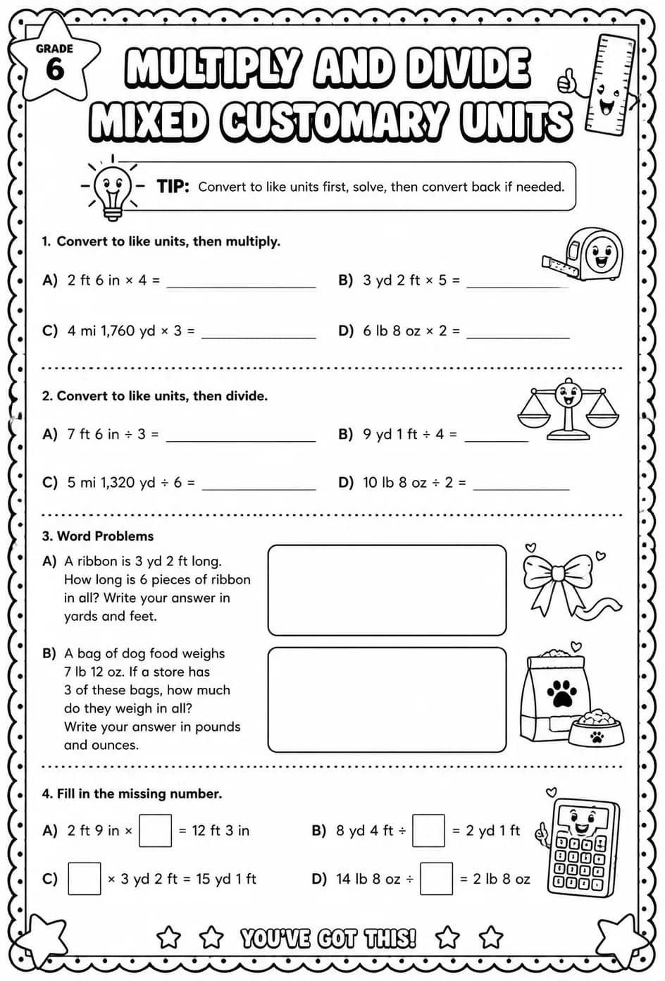 Multiply and divide mixed customary units — free printable Grade 6 math worksheet