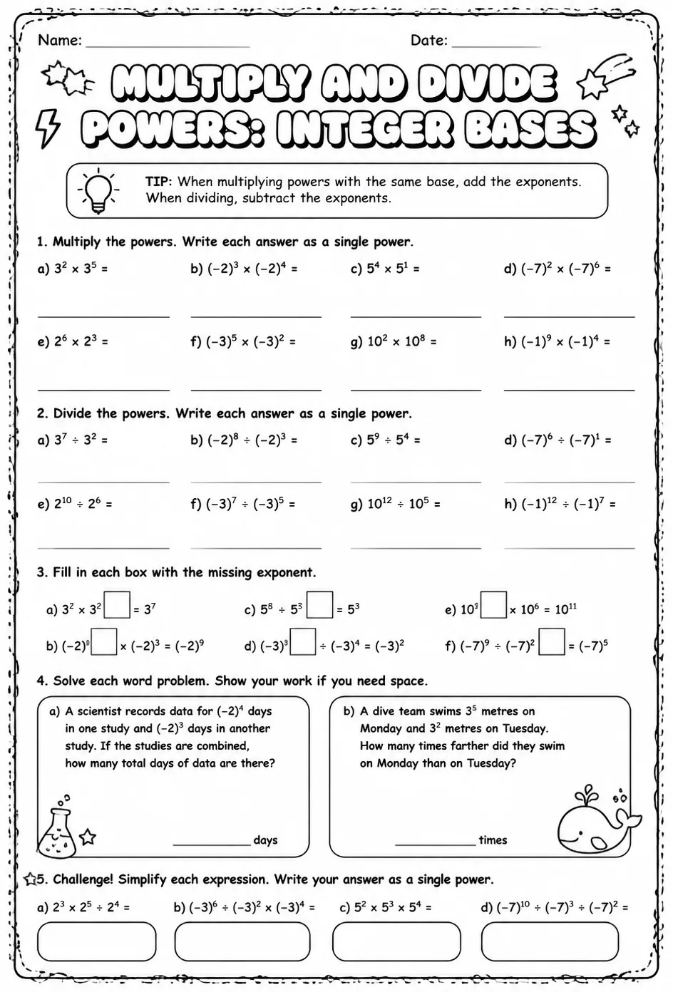 Multiply and divide powers: integer bases — free printable Grade 8 math worksheet