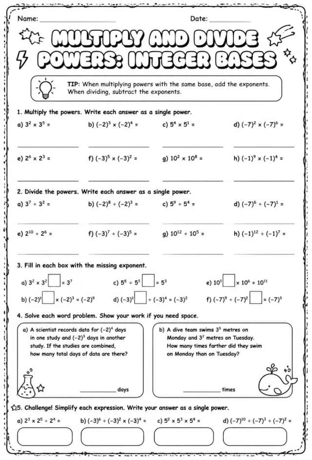 Multiply and divide powers: integer bases