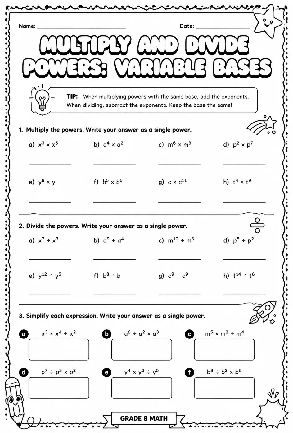 Multiply and divide powers: variable bases — free printable Grade 8 math worksheet