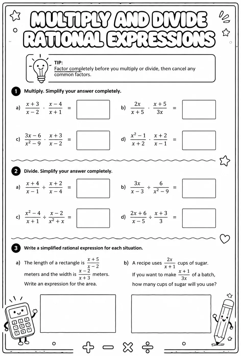 Multiply and divide rational expressions — free printable Algebra 2 math worksheet