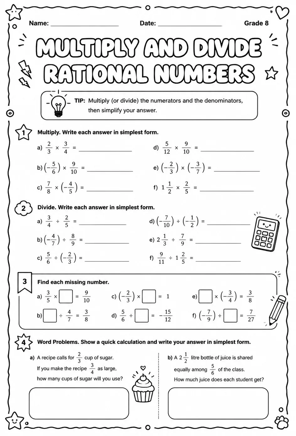 Multiply and divide rational numbers — free printable Grade 8 math worksheet