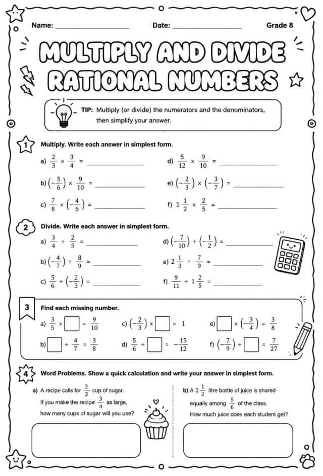 Multiply and divide rational numbers