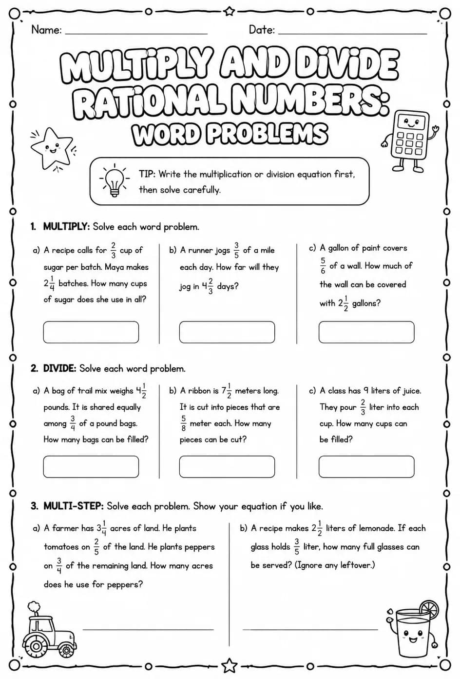 Multiply and divide rational numbers: word problems — free printable Grade 8 math worksheet