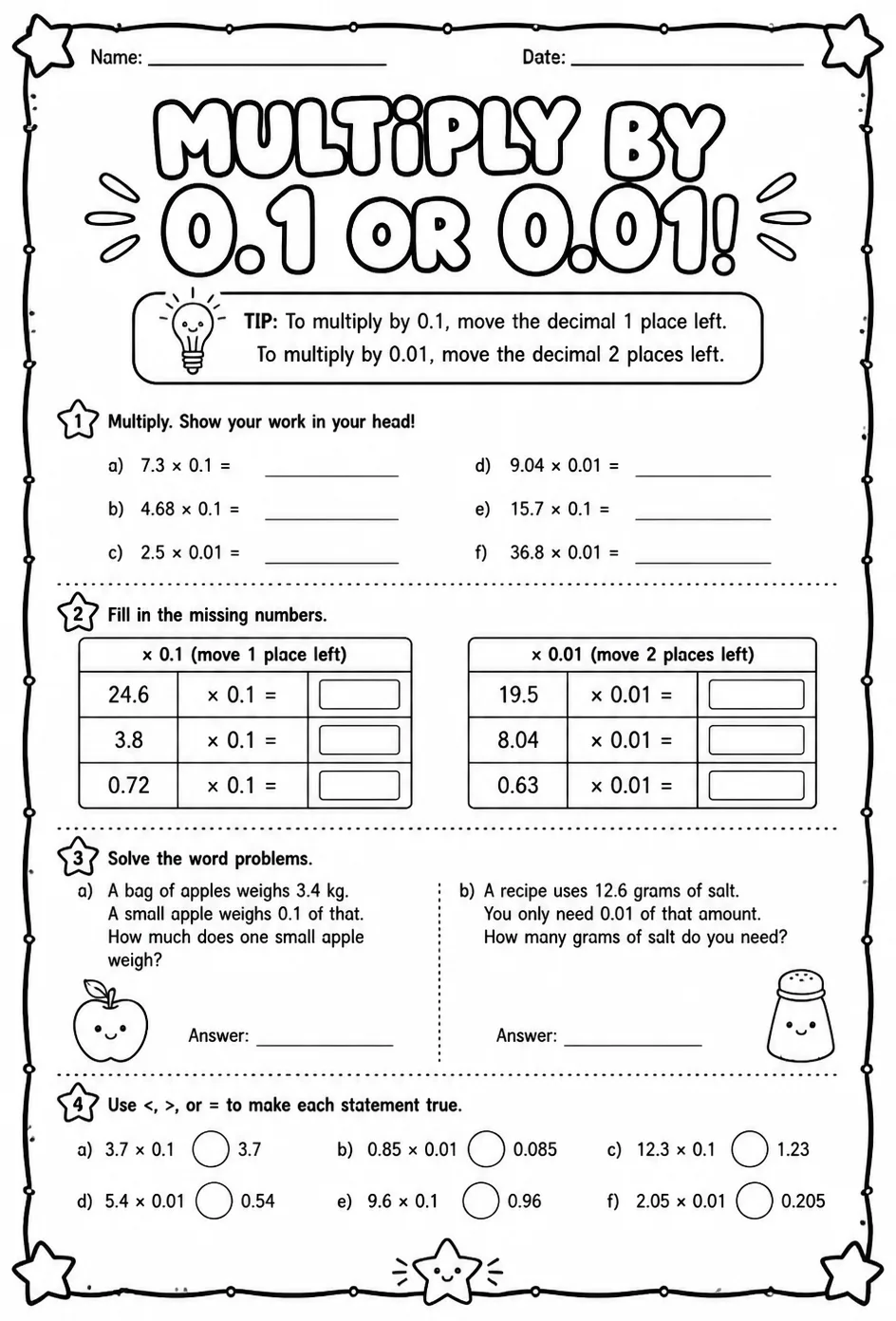 Multiply by 0.1 or 0.01 — free printable Grade 5 math worksheet