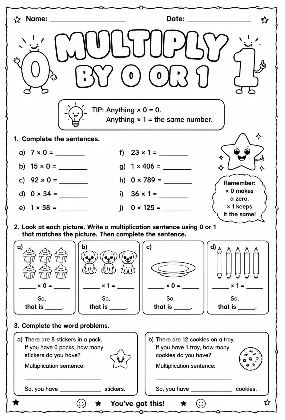Multiply by 0 or 1: complete the sentence — free printable Grade 3 math worksheet