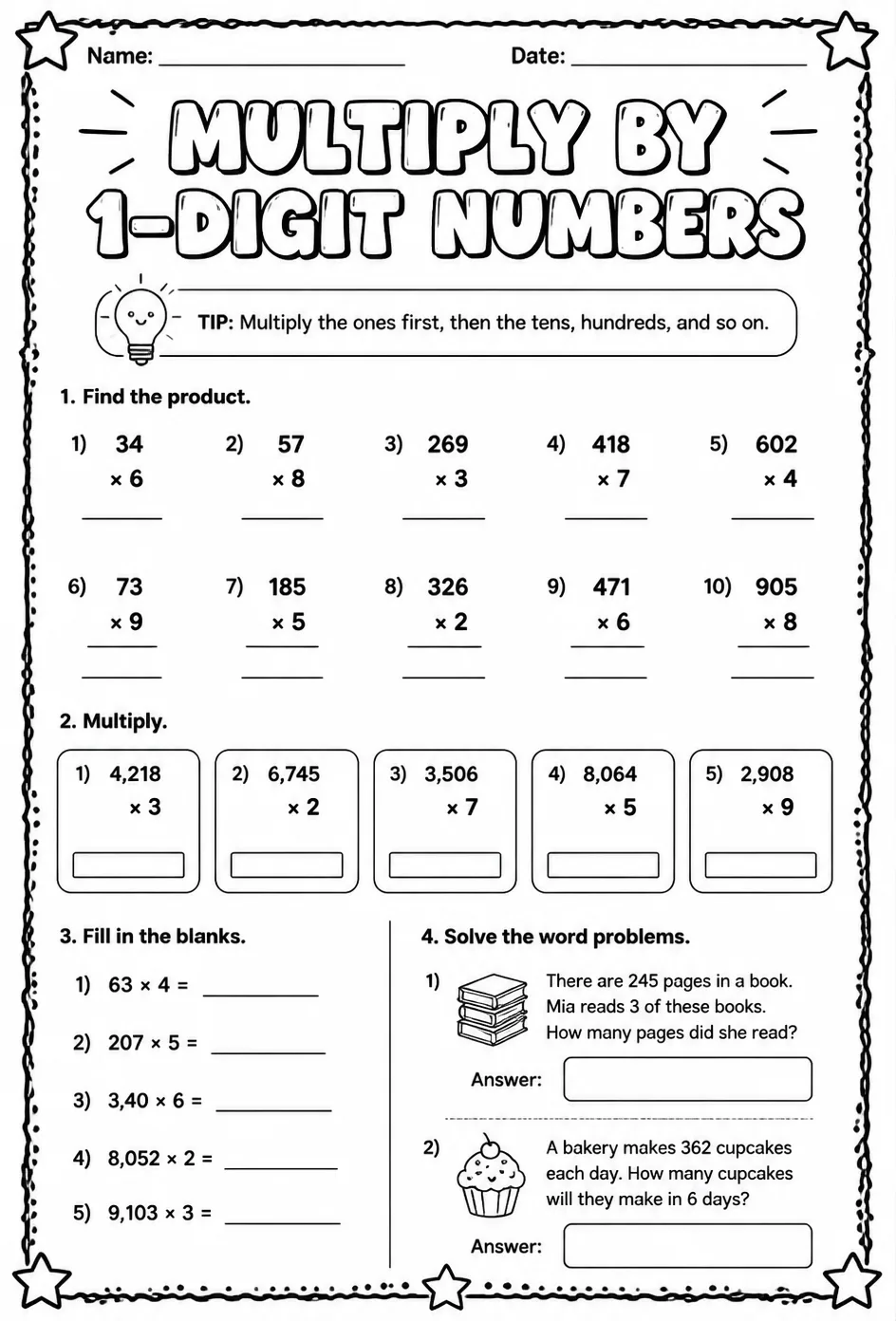 Multiply by 1-digit numbers — free printable Grade 5 math worksheet
