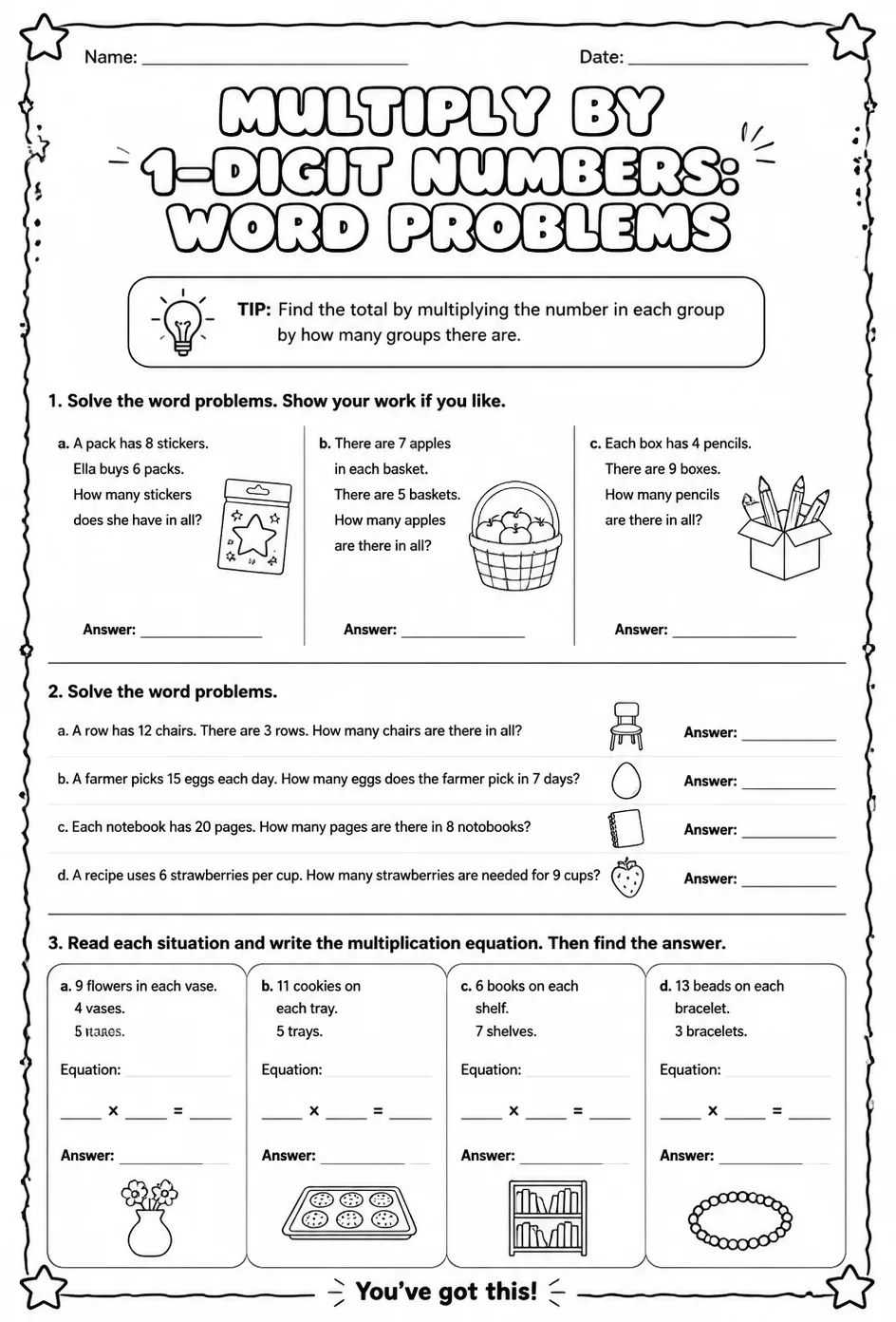 Multiply by 1-digit numbers: word problems — free printable Grade 5 math worksheet