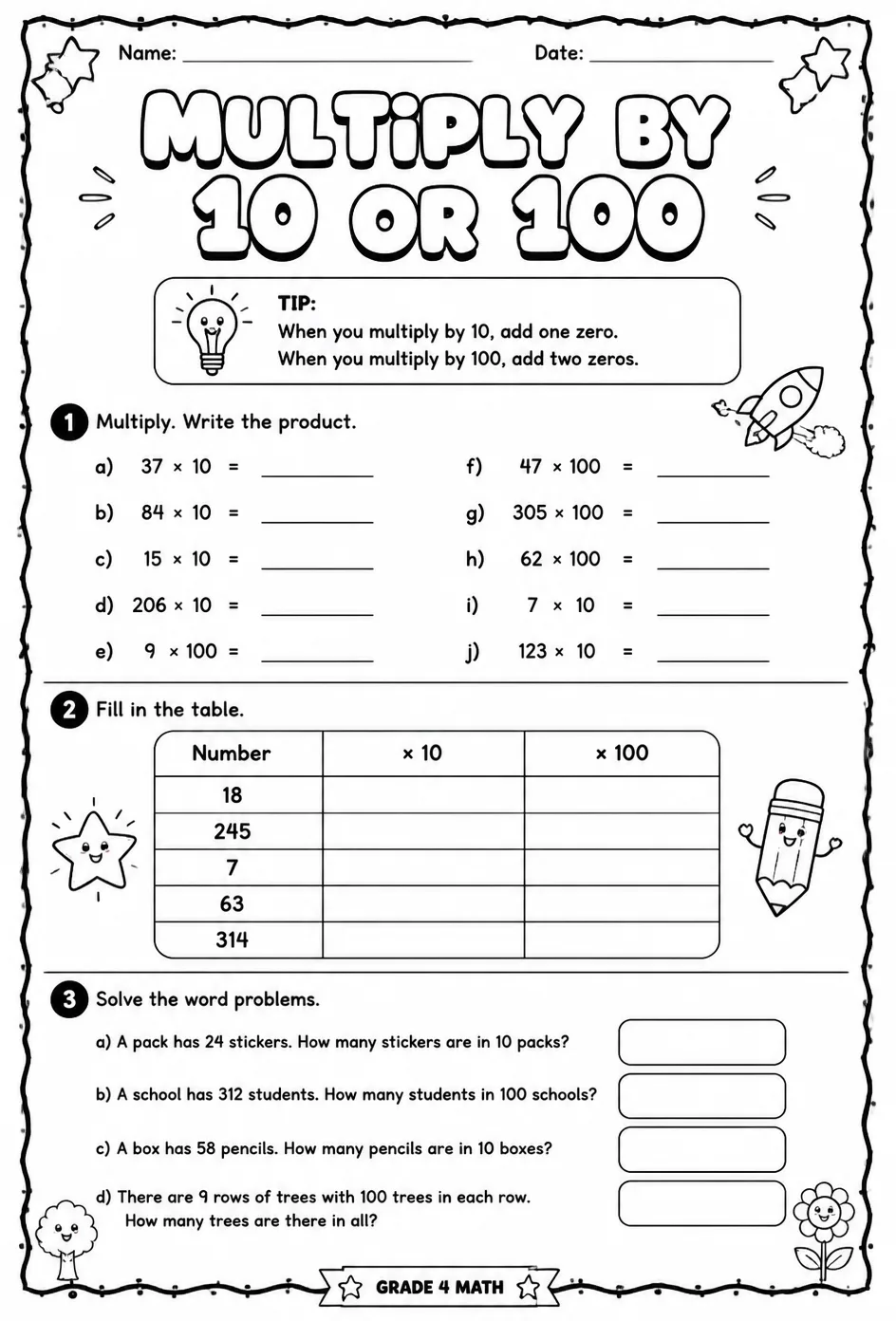 Multiply by 10 or 100 — free printable Grade 4 math worksheet