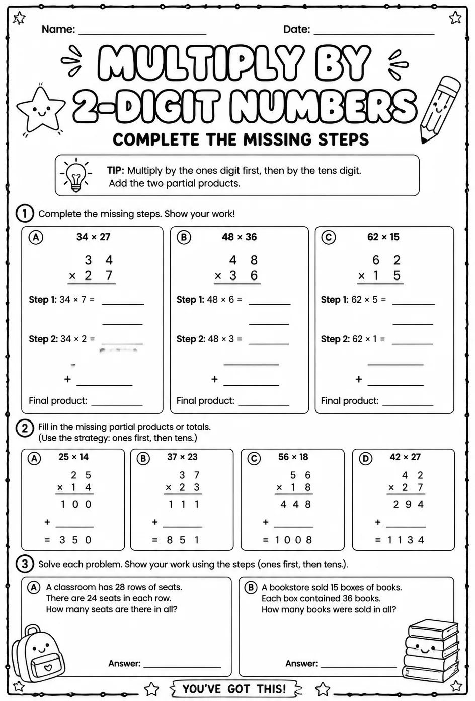 Multiply by 2-digit numbers: complete the missing steps — free printable Grade 5 math worksheet