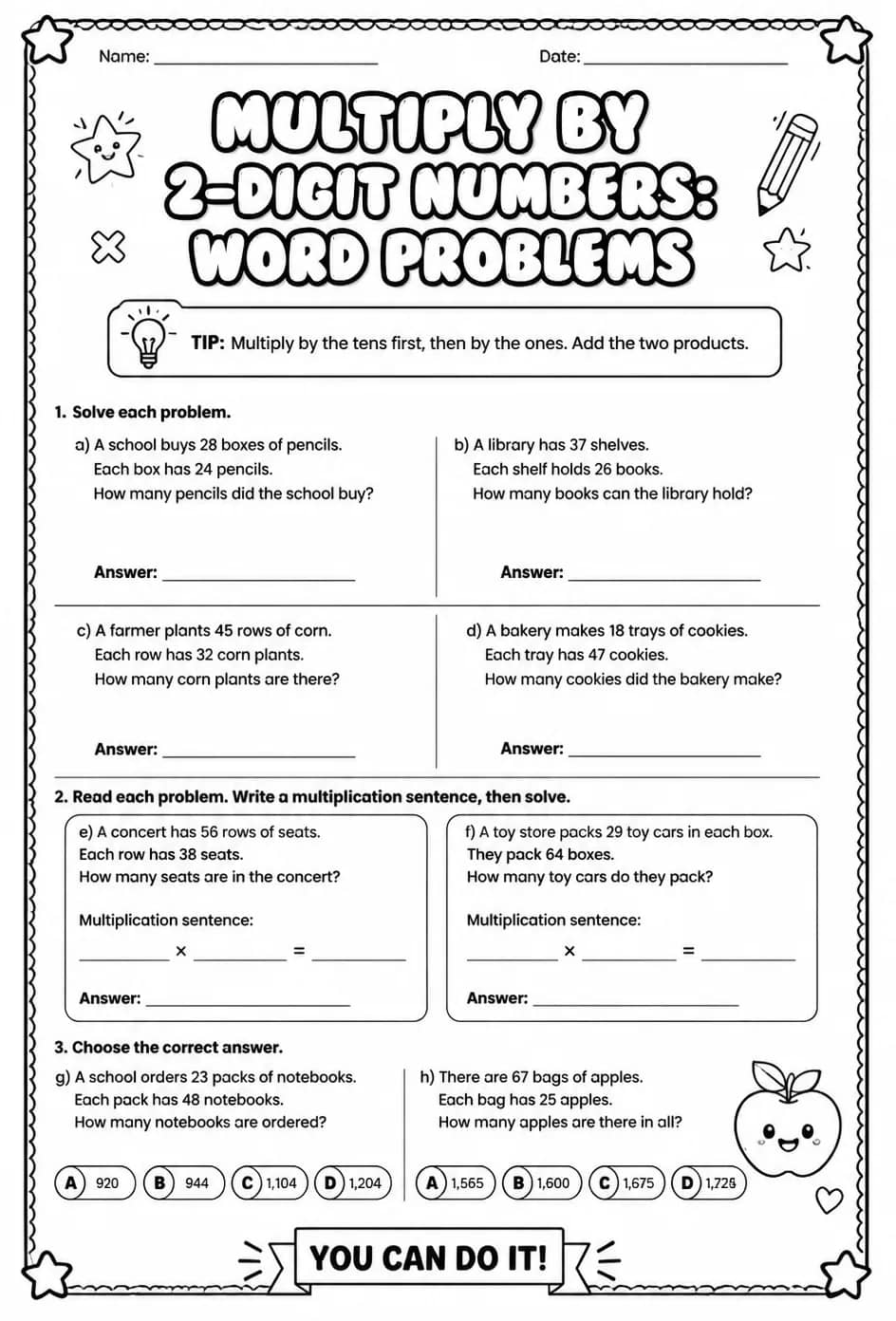 Multiply by 2-digit numbers: word problems — free printable Grade 5 math worksheet