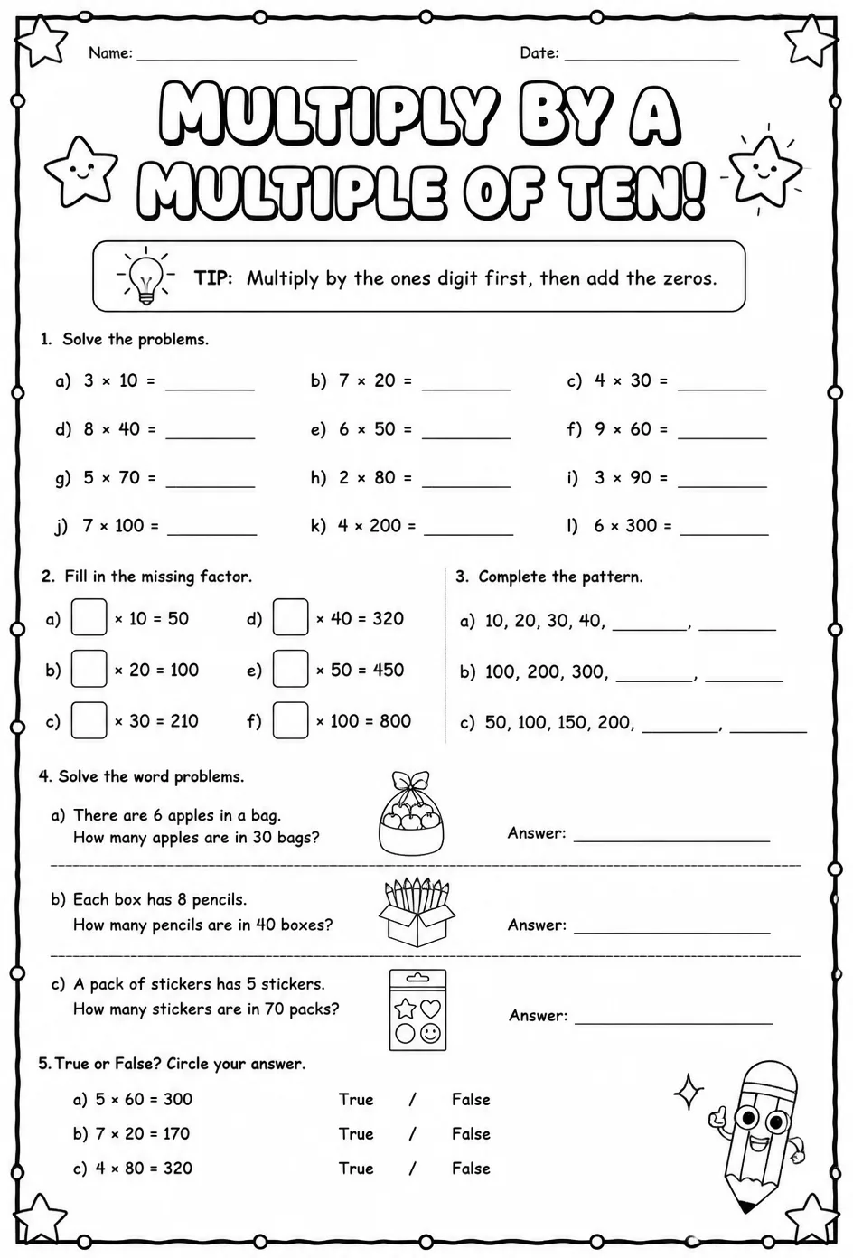 Multiply by a multiple of ten — free printable Grade 3 math worksheet