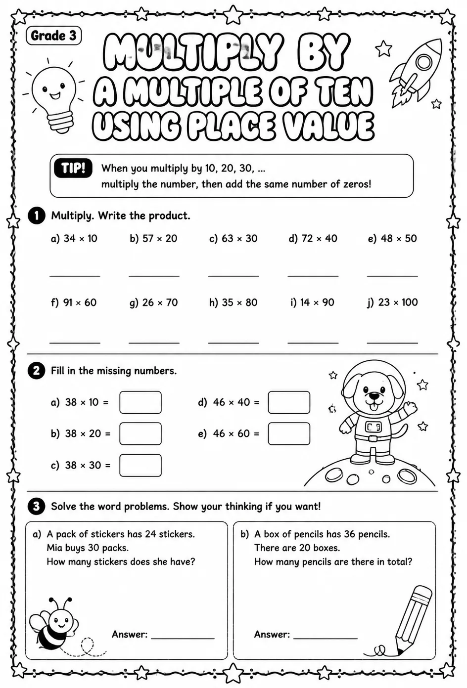 Multiply by a multiple of ten using place value — free printable Grade 3 math worksheet
