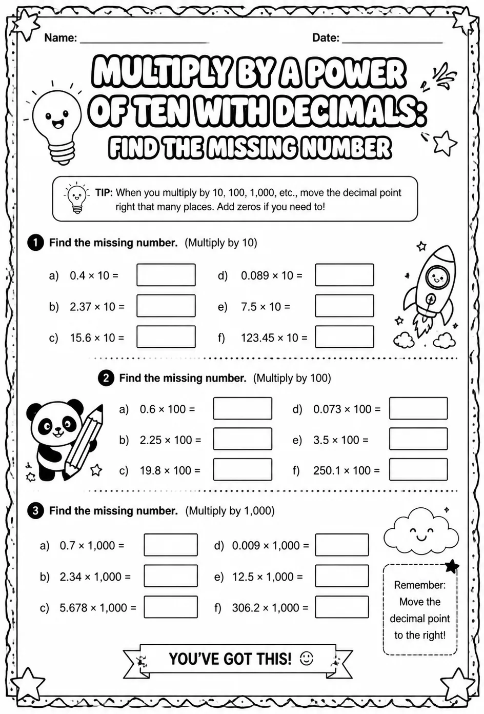 Multiply by a power of ten with decimals: find the missing number — free printable Grade 5 math worksheet