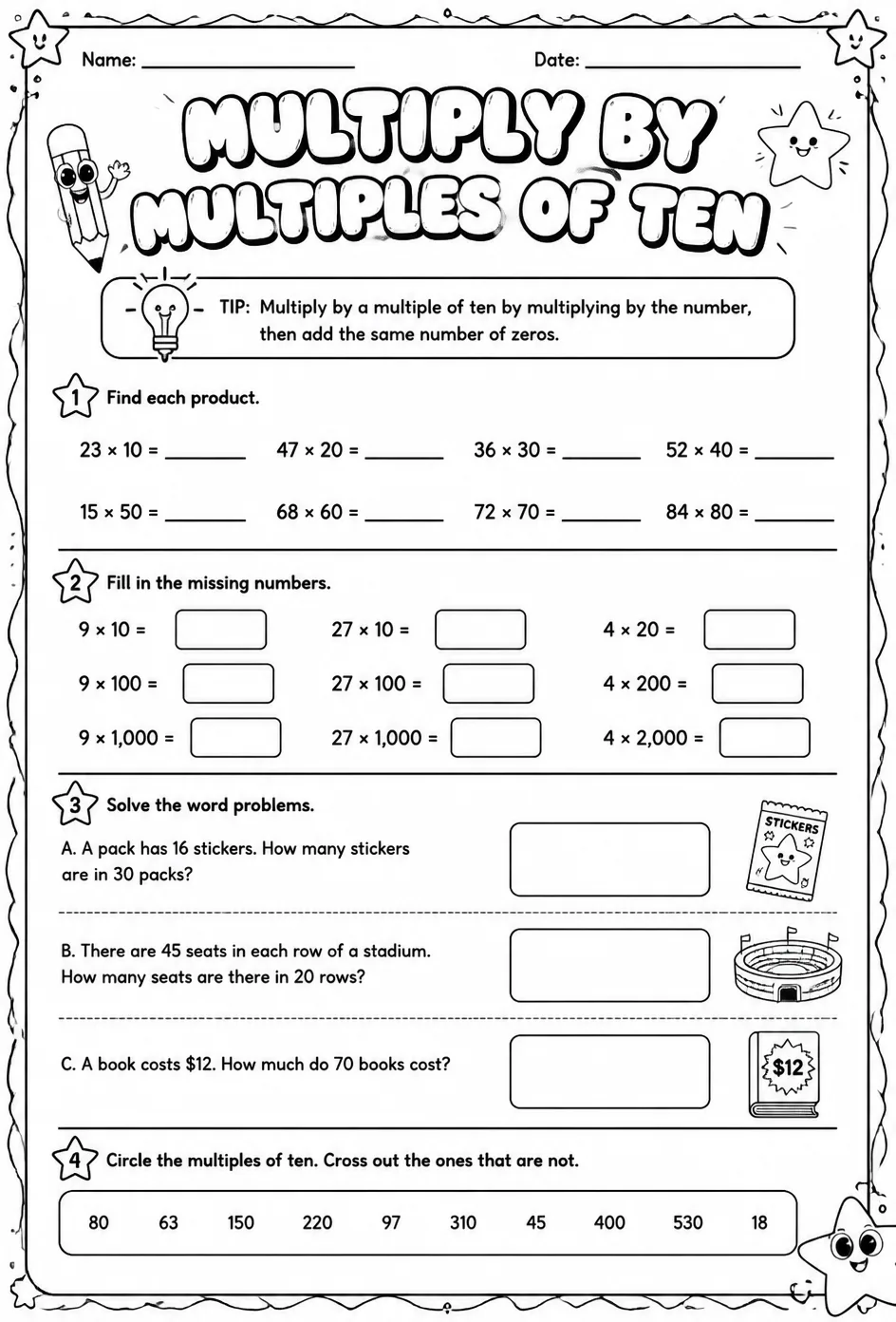 Multiply by multiples of ten — free printable Grade 4 math worksheet