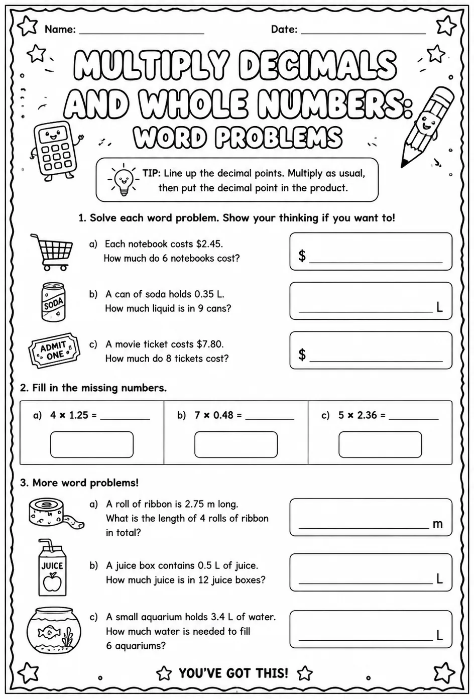 Multiply decimals and whole numbers: word problems — free printable Grade 5 math worksheet