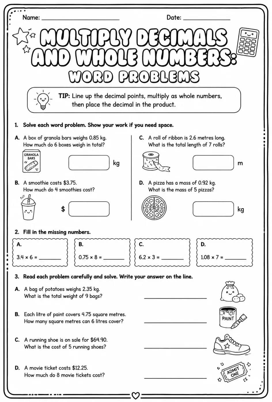 Multiply decimals and whole numbers: word problems — free printable Grade 7 math worksheet