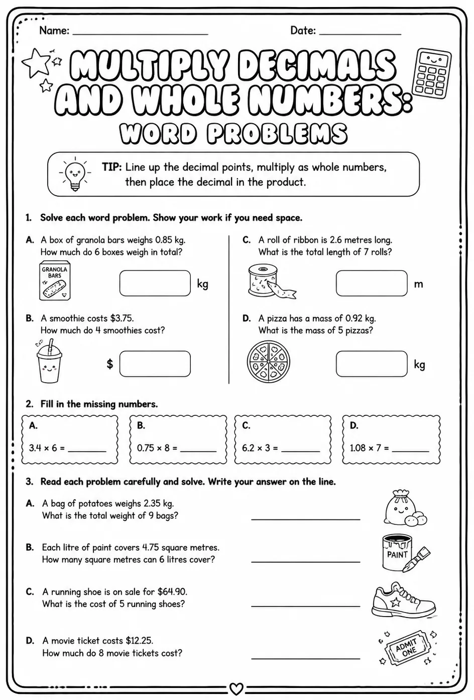 Multiply decimals and whole numbers: word problems