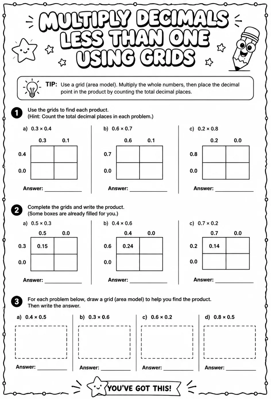 Multiply decimals less than one using grids — free printable Grade 5 math worksheet