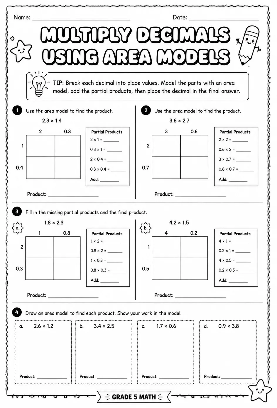 Multiply decimals using area models — free printable Grade 5 math worksheet
