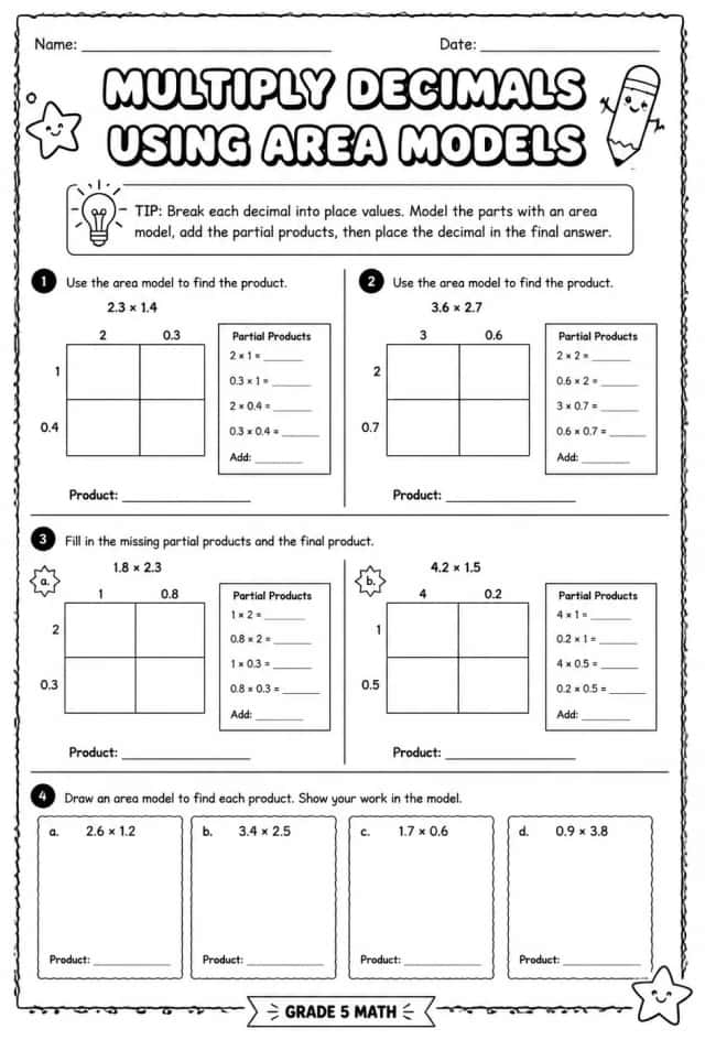 Multiply decimals using area models