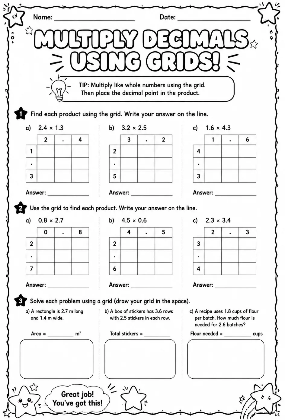 Multiply decimals using grids — free printable Grade 5 math worksheet
