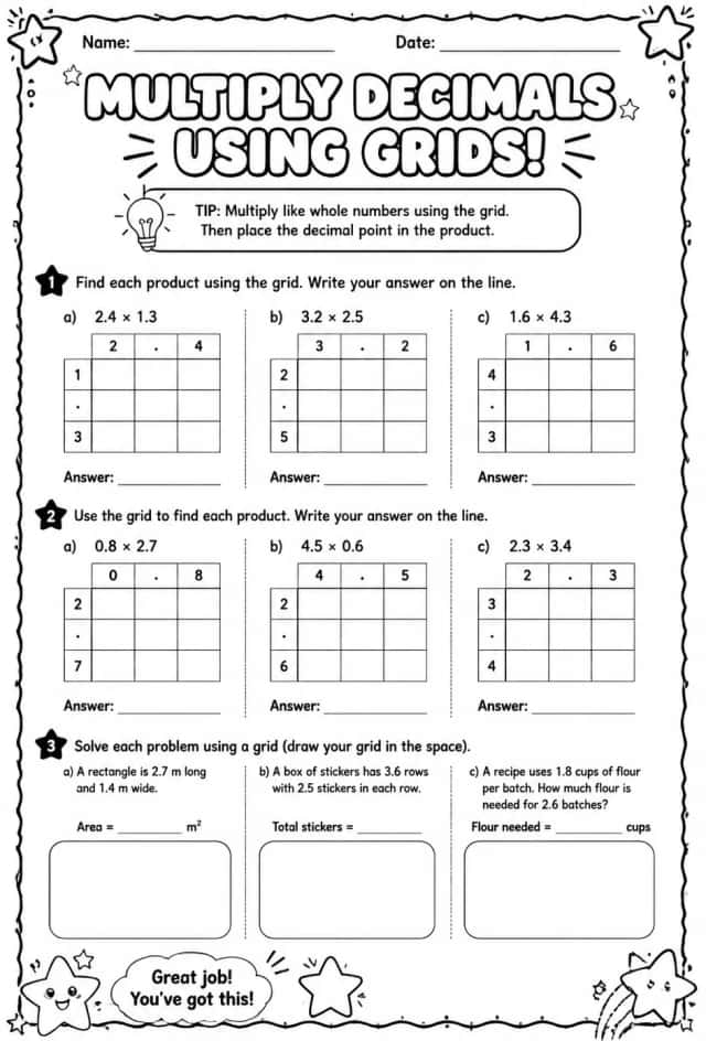 Multiply decimals using grids