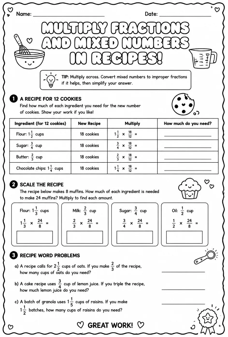 Multiply fractions and mixed numbers in recipes — free printable Grade 5 math worksheet