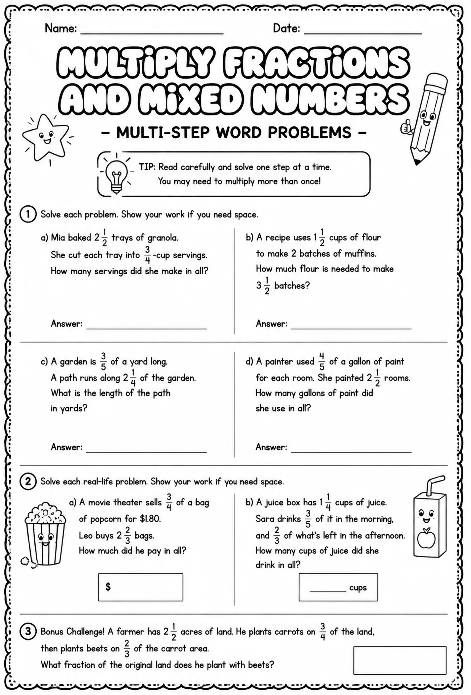 Multiply fractions and mixed numbers: multi-step word problems — free printable Grade 5 math worksheet