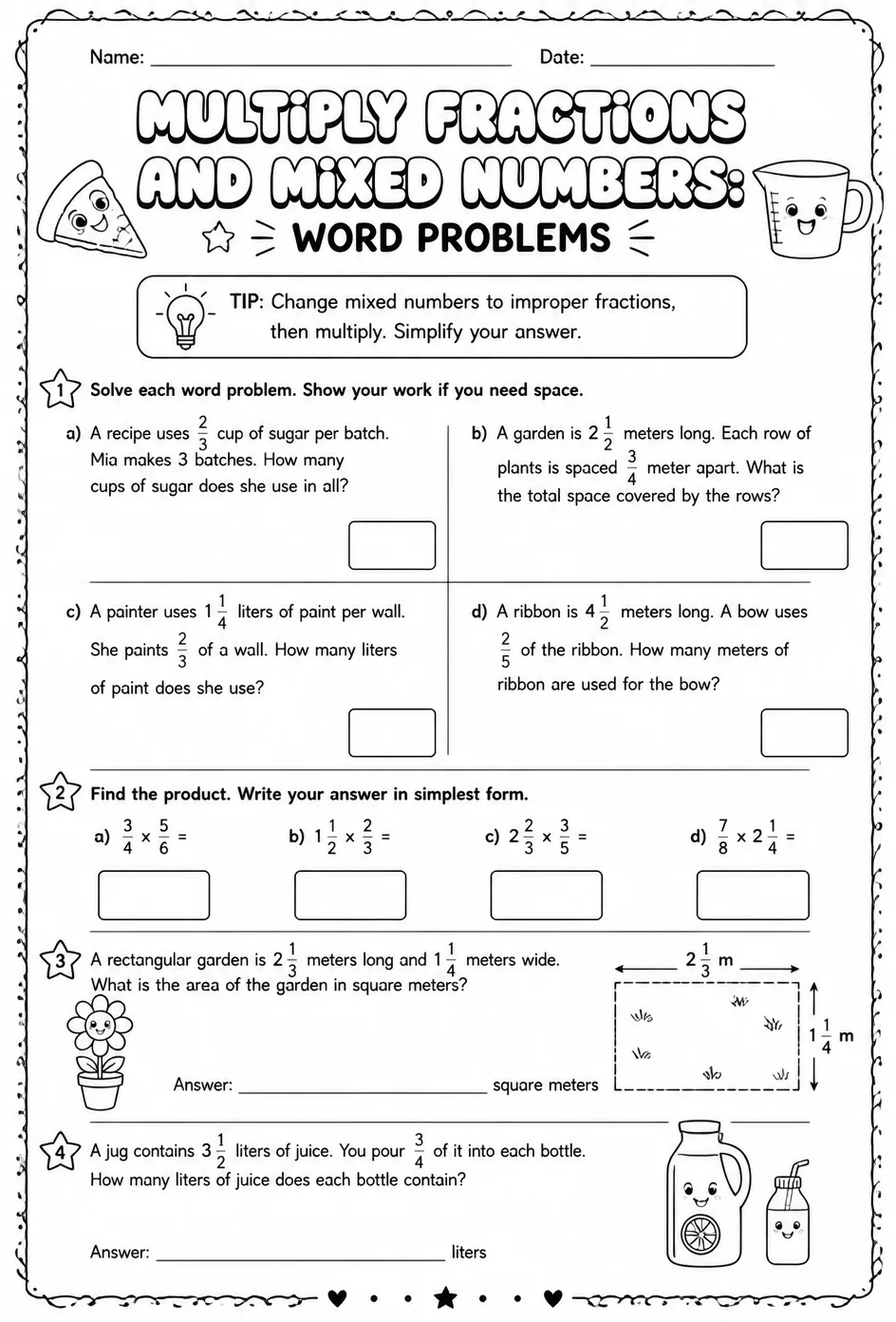 Multiply fractions and mixed numbers: word problems — free printable Grade 7 math worksheet