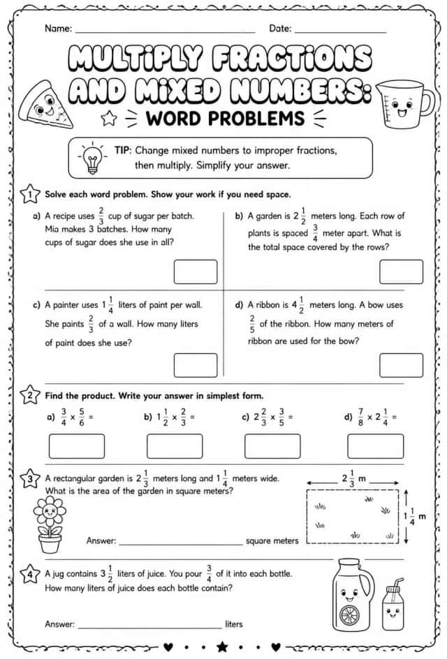 Multiply fractions and mixed numbers: word problems