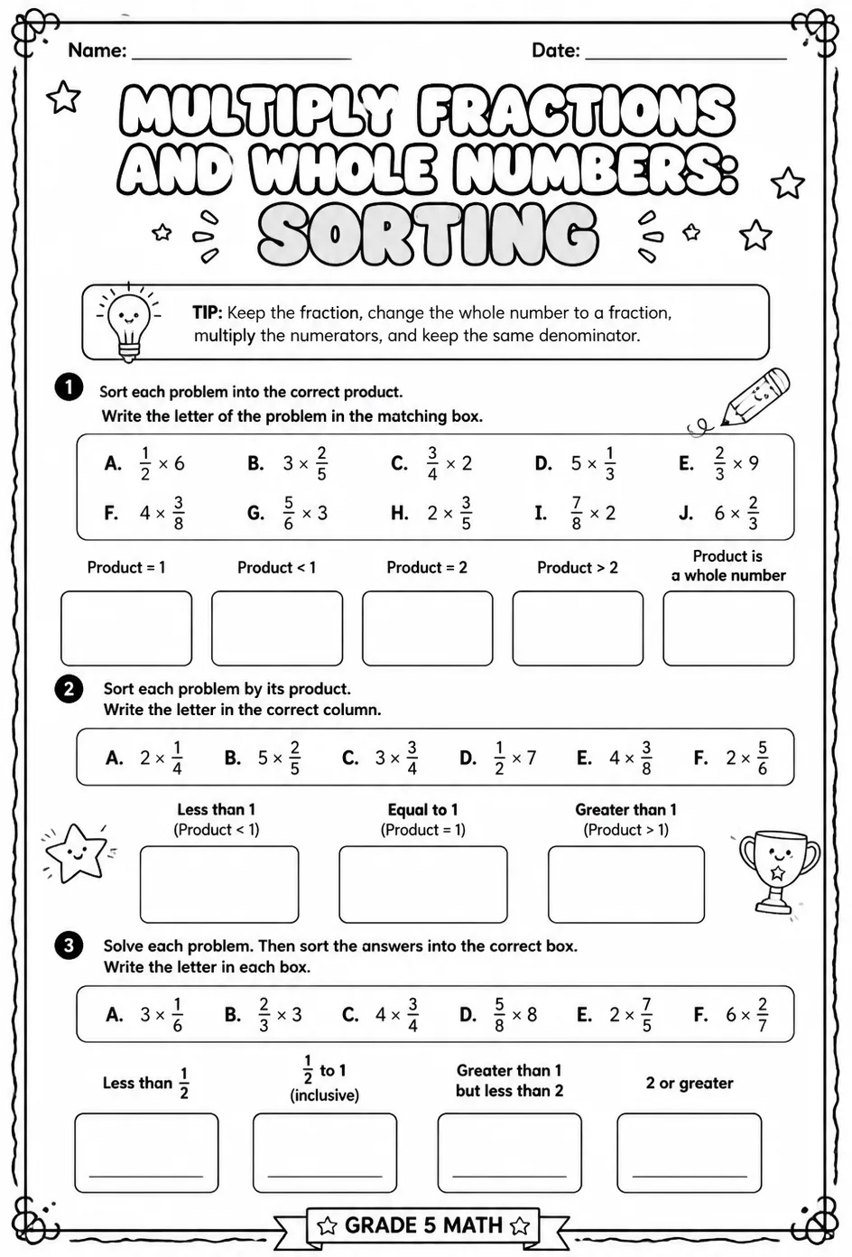 Multiply fractions and whole numbers: sorting — free printable Grade 5 math worksheet