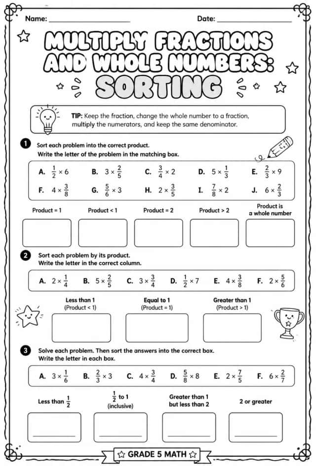 Multiply fractions and whole numbers: sorting
