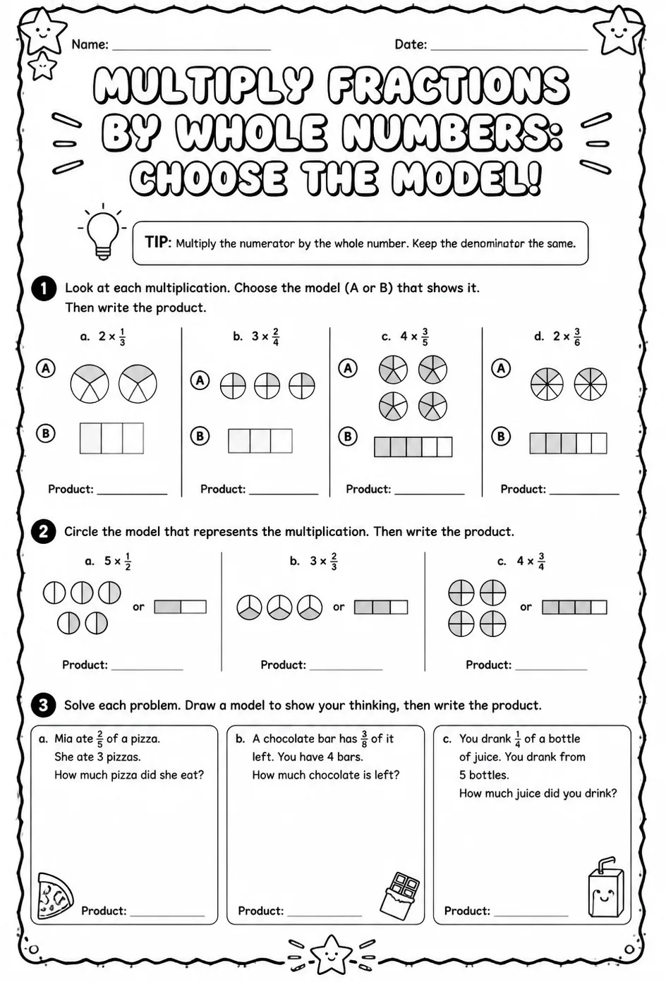 Multiply fractions by whole numbers: choose the model — free printable Grade 5 math worksheet